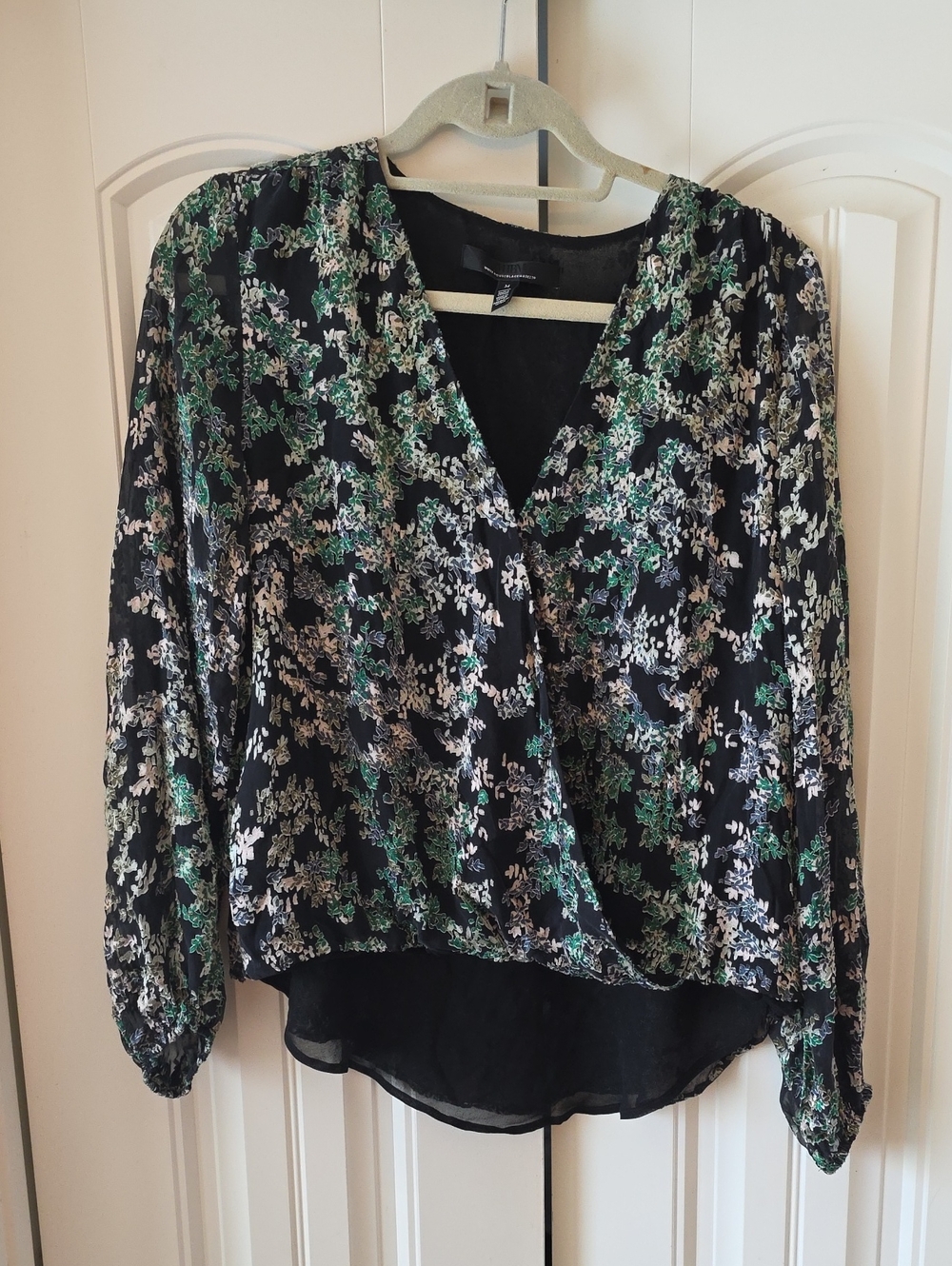 White House Black Market Black Floral Wrap Blouse with Green & White Print